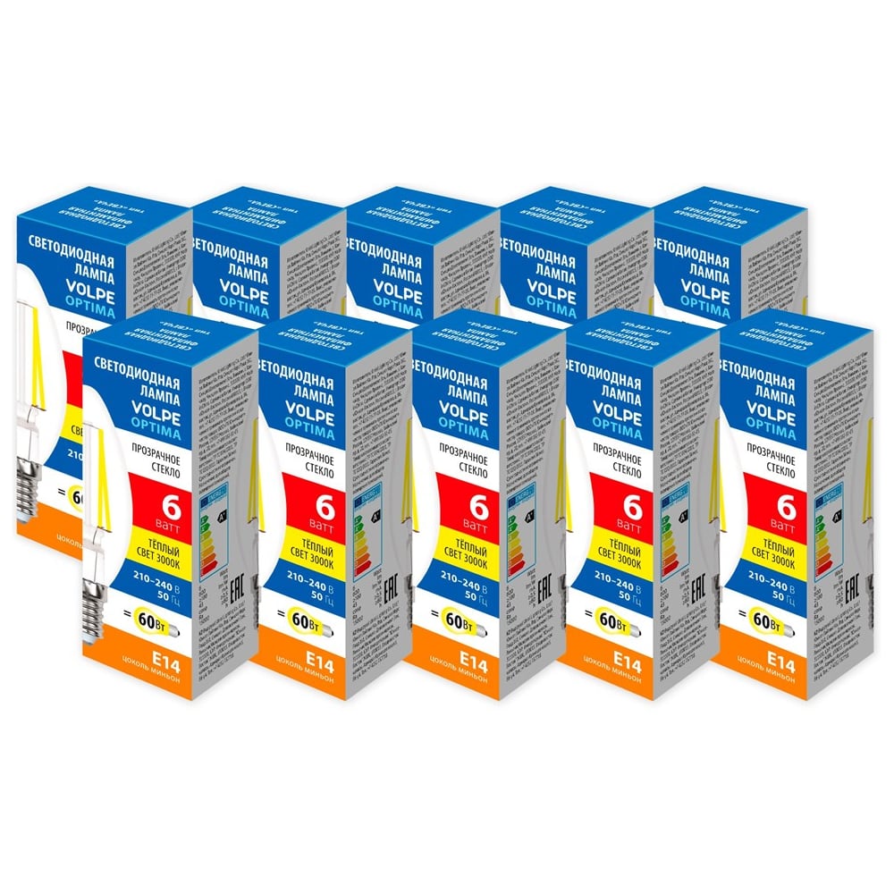 Изображение товара Филаментная лампа Volpe LED-C35-6W/3000K/E14/CL/SLF набор из 10штук UL-00013869