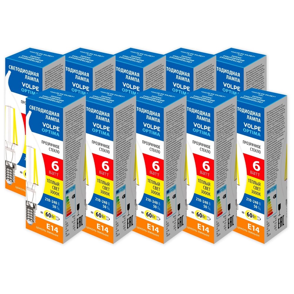 Изображение товара Филаментная лампа Volpe LED-CW35-6W/3000K/E14/CL/SLF набор из 10штук UL-00013881