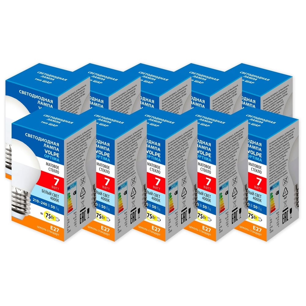 Изображение товара Светодиодная лампа Volpe LED-G45-7W/4000K/E27/FR/SLS набор из 10штук UL-00013899