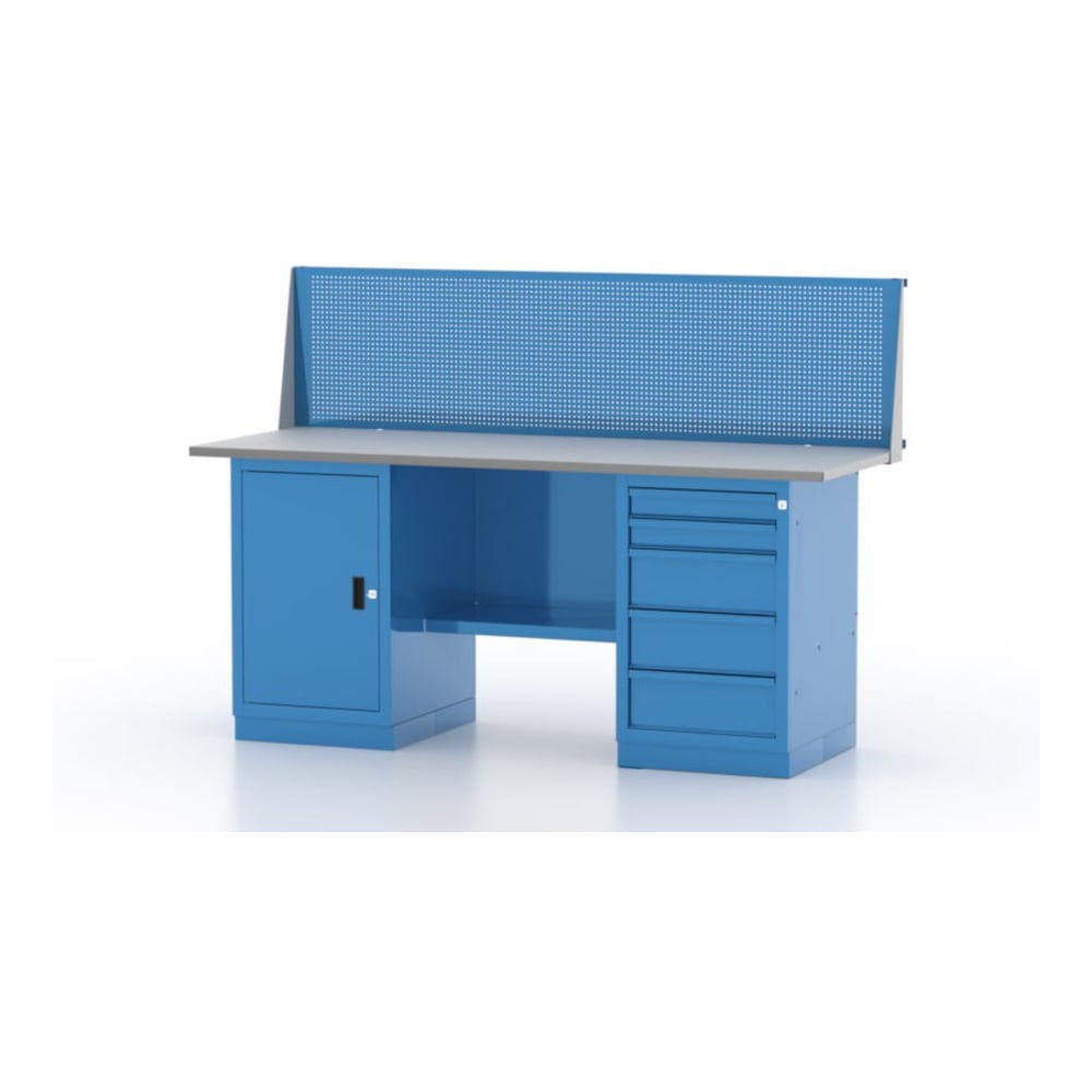 Изображение товара Верстак FERRUM с двумя тумбами и перфорационной панелью 1900 мм синего цвета