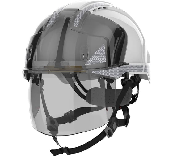 Изображение товара Защитная каска JSP EVO VISTAshield с интегрированным лицевым щитком, цв.белый + СОП + 4-точечный подбородочный ремешок Baseworker 5038428361767