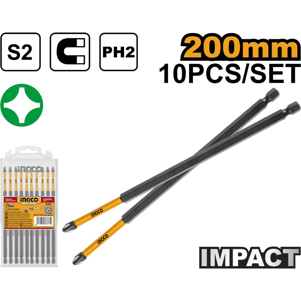 Изображение товара Набор ударных бит INGCO PH2, 200 мм 10 шт INDUSTRIAL SDBIM11PH285