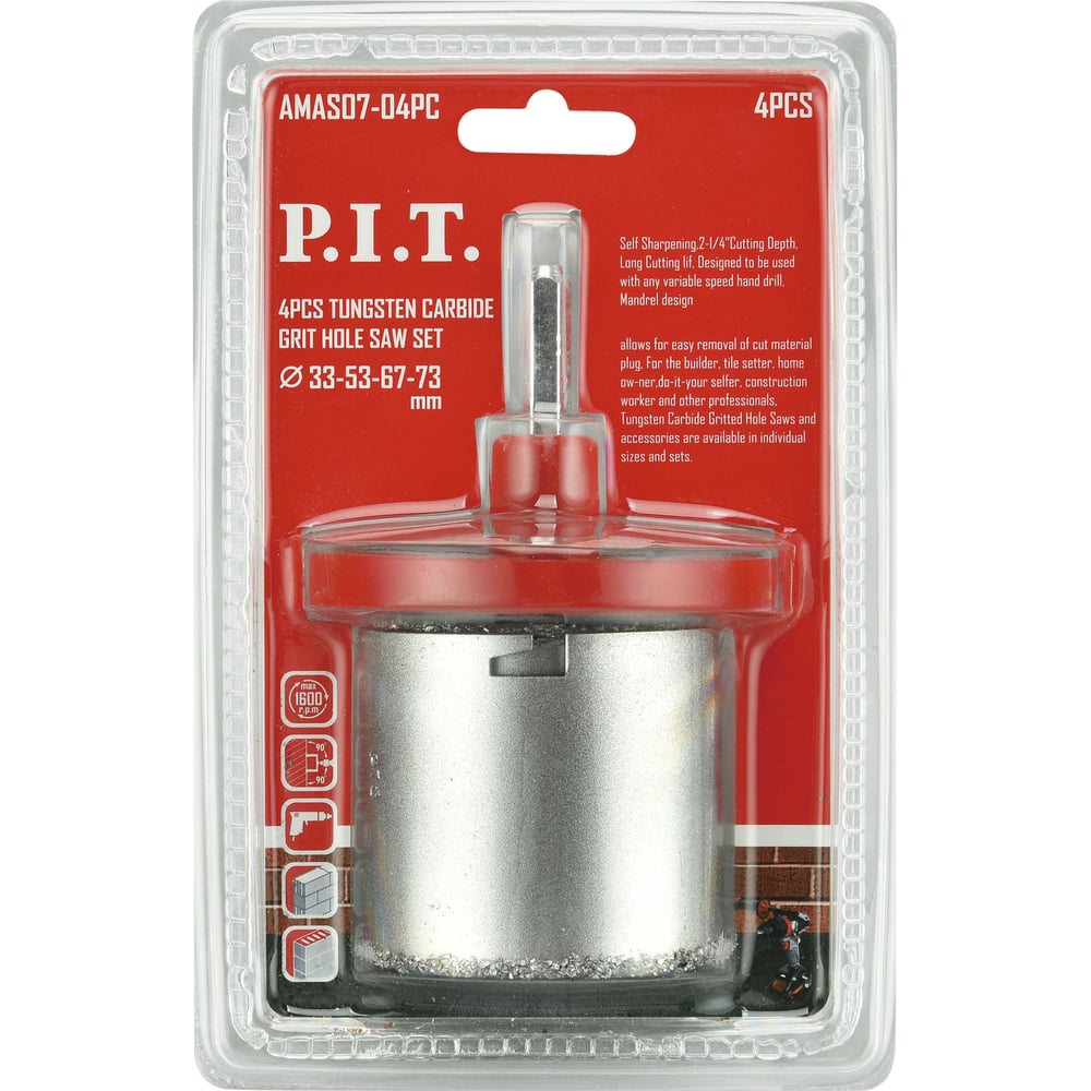 Изображение товара Набор карбидных коронок по стеклу и керамике P.I.T. 4 шт, 33/53/67/73x58 мм, адаптер AMAS07-04PC