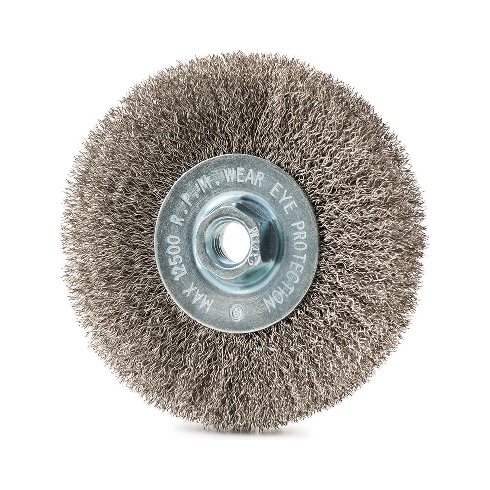 Изображение товара Щетка дисковая гофрированная проволочная ОТП для УШМ, 115 мм, гайка М14, ворс 22 мм, рабочая высота 14 мм, 15000 об/мин, нержавеющая сталь 0.3 мм 01011 01 01 14 02 01 02 03 04 01