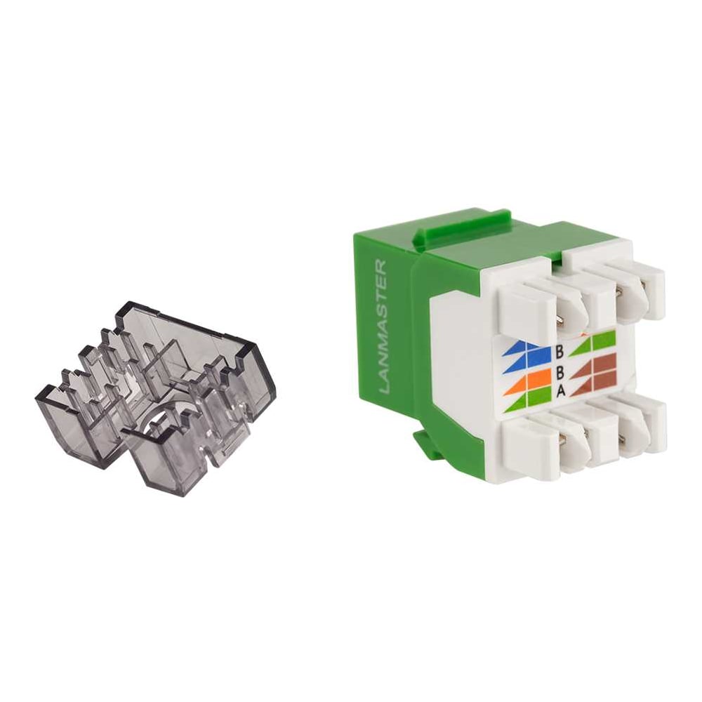 Изображение товара Модуль Keystone LANMASTER RJ45, неэкранированный, кат.6, без шторки, 180 градусов, зеленый LAN-OK45U6/180N-GN