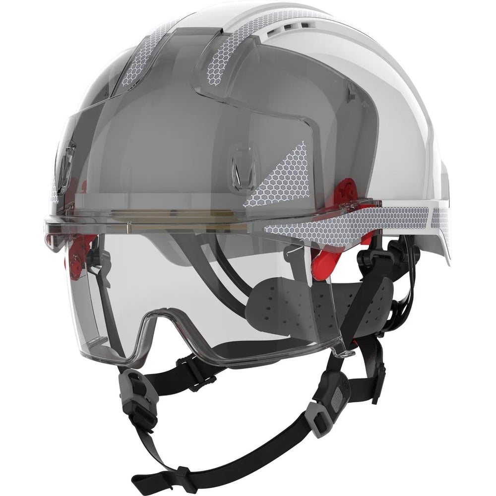 Изображение товара Защитная каска JSP EVO VISTAlens с интегрированными очками, цв. белый + СОП + 4-точечный подбородочный ремешок Baseworker 5038428361736