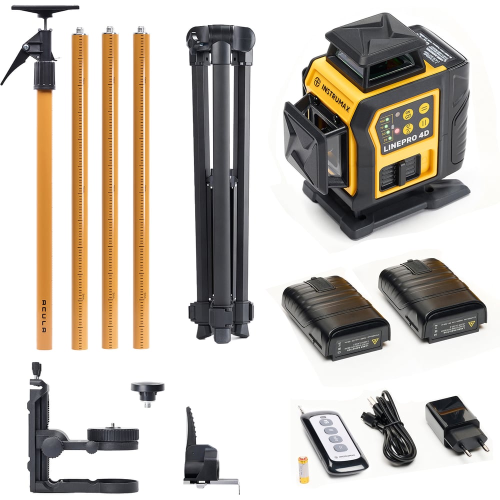 Комплект профессионального лазерного уровня INSTRUMAX LINEPRO 4D BAZA Set+Штанга для лазерного уровня с треногой ACULA STAND 3200 OPTIMA SET (макс. высота 3,2 м, магнит. крепление, резьба 1/4, 5/8, микролифт, плавный поворот) (2 АКБ, пульт ду) IM0238