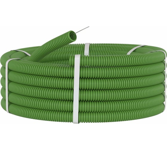 Изображение товара Гибкая гофрированная труба ПВХ DKC д.20мм, легкая с протяжкой, 100м, цвет зеленый 91920g