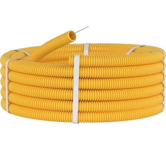 Изображение товара Гибкая гофрированная труба ПВХ DKC д.20мм, легкая с протяжкой, 100м, цвет желтый 91920y