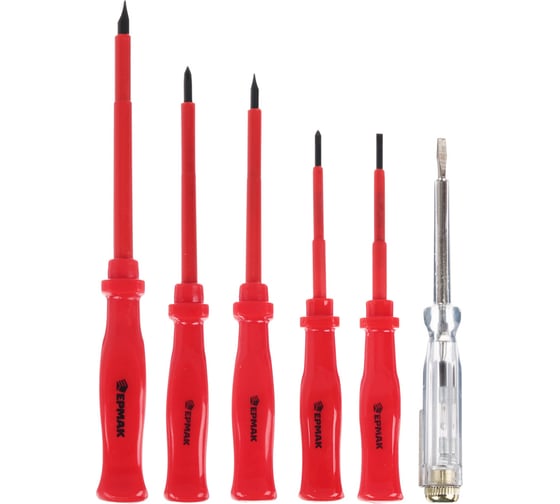 Изображение товара Набор отверток ЕРМАК  6шт диэлектрические (SL5.5*125,SL4*100,PH1*100,SL3*75,PH0*75,тестер 140мм) 651-064