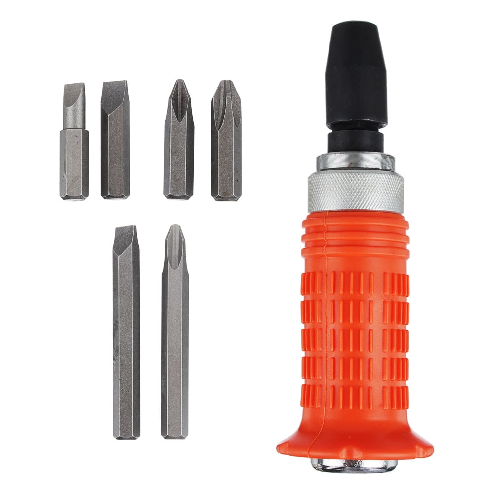 Изображение товара Отвёртка ударная ЕРМАК 160мм с 6 насадками в пластиковом кейсе, оранжевая ручка