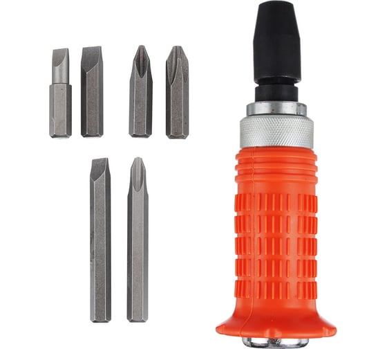 Изображение товара Отвёртка ЕРМАК ударная 160мм с красной обрезиненной ручкой, 6 насадок, пластик бокс 651-600