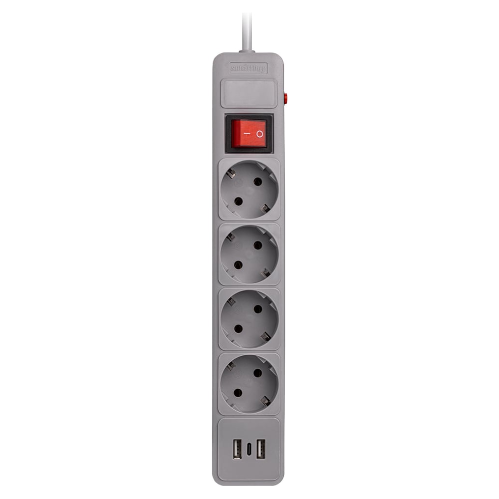 Изображение товара Сетевой фильтр Smartbuy c USB+Type C, 16А, 4 гнезда, c з/ш, с з/к, ПВС, 3 м, серый SBSP-30C-G Изображение товара Сетевой фильтр Smartbuy c USB+Type C, 16А, 4 гнезда, c з/ш, с з/к, ПВС, 3 м, серый SBSP-30C-G