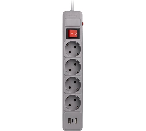 Изображение товара Сетевой фильтр Smartbuy c USB+Type C, 16А, 4 гнезда, c з/ш, с з/к, ПВС, 1.8 м, серый SBSP-18C-G