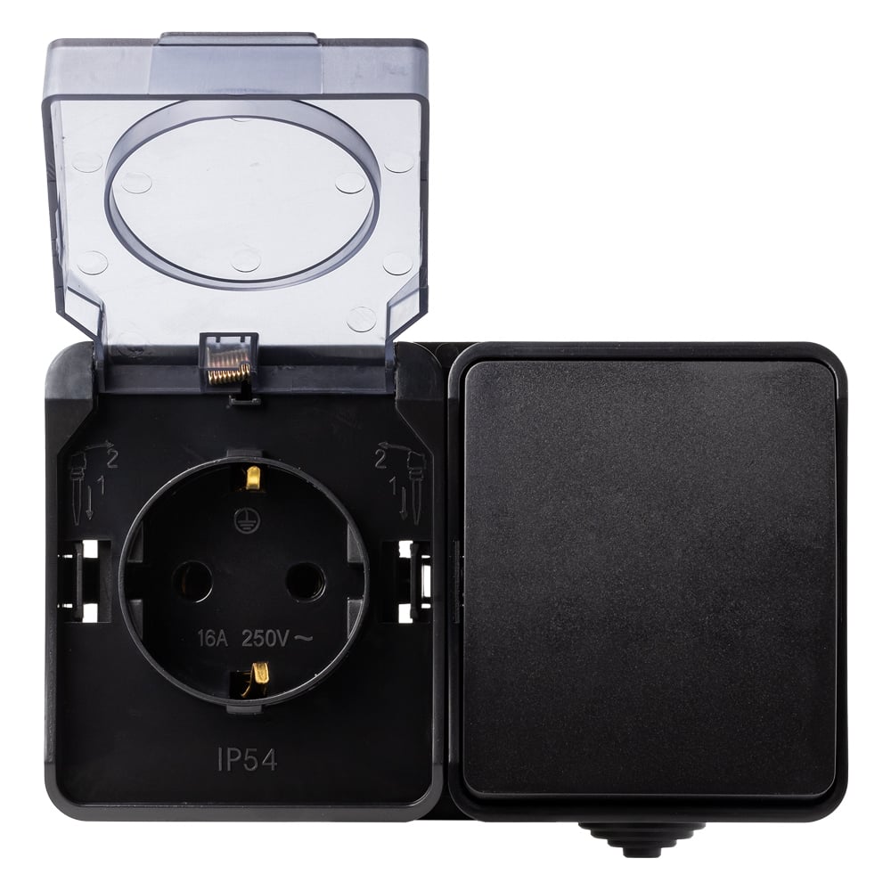 Изображение товара Блок розетка выключатель Smartbuy IP54, черный, Сатурн SBE-04b-16-SWS