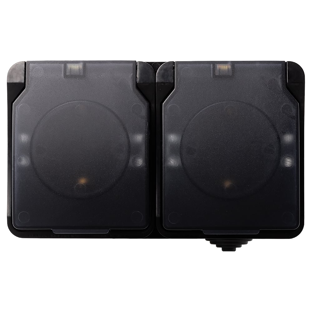 Изображение товара Розетка 2-местная с заземлением Smartbuy 16А с крышкой, IP54, черная, Сатурн SBE-04b-16-S2-Z