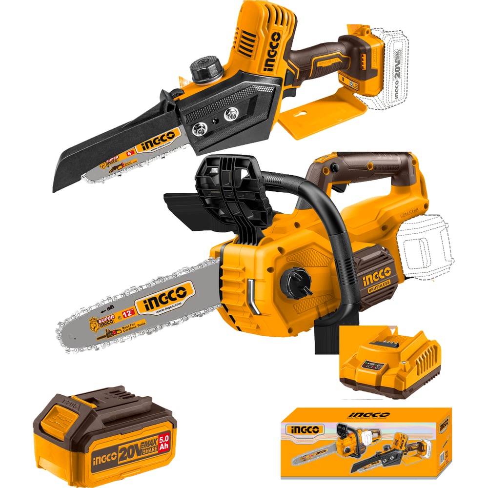 Изображение товара Набор аккумуляторных цепных пил INGCO 20В 2 шт (2) INDUSTRIAL COSLI240788 Изображение товара Набор аккумуляторных цепных пил INGCO 20В 2 шт (2) INDUSTRIAL COSLI240788