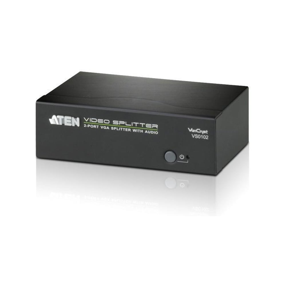 Изображение товара Разветвитель ATEN Video Splitter, VGA/SVGA/MultiSync+AUDIO, 1 2 монитора/port 450MHz, 65 метр., F M, без шнуров, БП 220 5.3V VS0102-AT-G