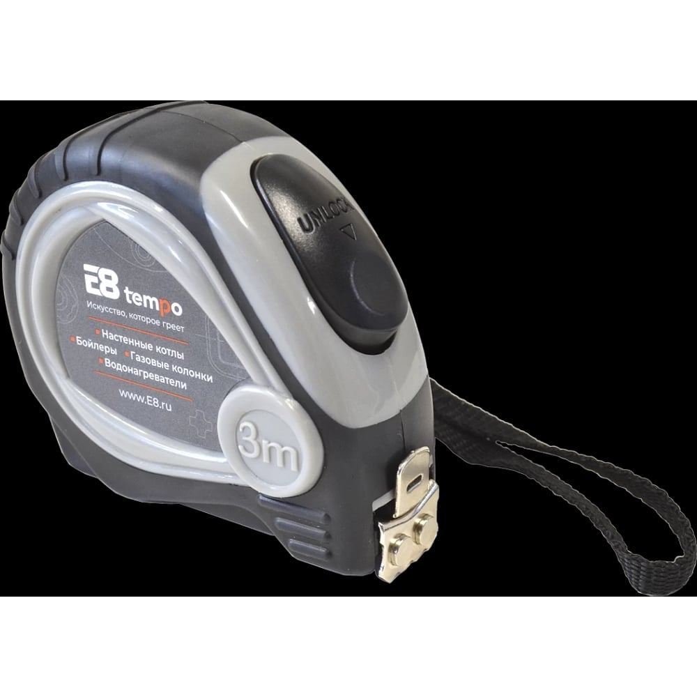 Изображение товара Рулетка строительная измерительная E8tempo 3м х 16мм профессиональная с магнитом, с автостопом, нейлоновое покрытие, ударостойкая с резиновым покрытием, 2 класс точности E8000564