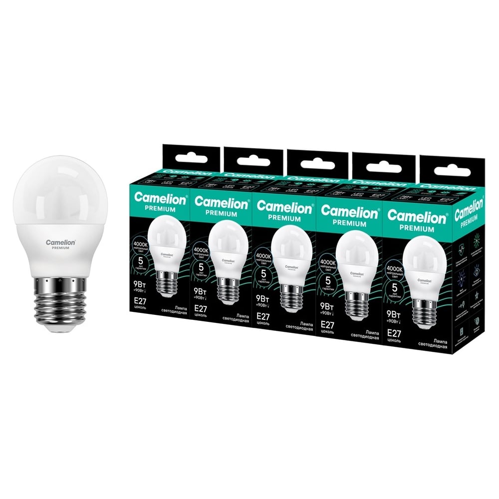 Изображение товара Светодиодная лампа Сamelion Premium LED9-G45-840-E27 5 шт. (шар 9Вт E27 4000K 120-265В) Camelion 16910