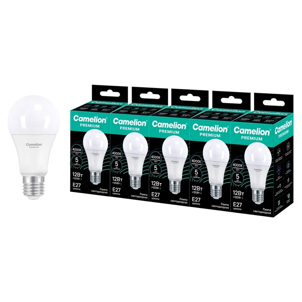 Изображение товара Светодиодная лампа Сamelion Premium LED12-A60-840-E27 5 шт. (груша 12Вт E27 4000K 120-265В) Camelion 16900