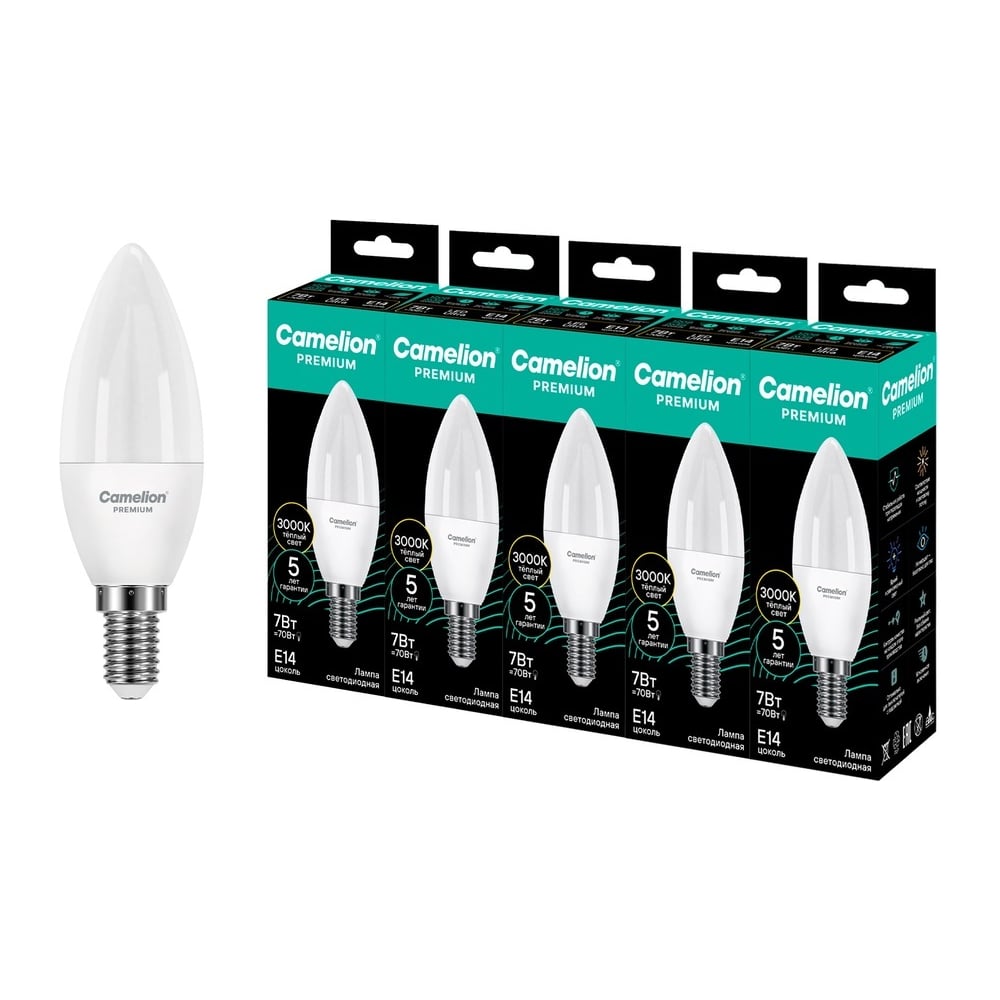 Изображение товара Светодиодная лампа Сamelion Premium LED7-C37-830-E14 5 шт. (свеча 7Вт E14 3000K 120-265В) Camelion 16903