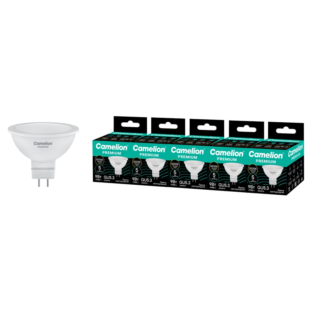 Изображение товара Светодиодная лампа Сamelion Premium LED9-MR16-830-GU5.3 5 шт. (софит 9Вт GU5.3 3000K 120-265В) Camelion 16917