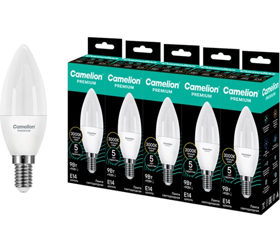 Изображение товара Светодиодная лампа Сamelion Premium LED9-C37-830-E14 5 шт. (свеча 9Вт E14 3000K 120-265В) Camelion 16905