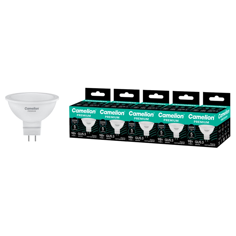 Изображение товара Светодиодная лампа Сamelion Premium LED9-MR16-840-GU5.3 5 шт. (софит 9Вт GU5.3 4000K 120-265В) Camelion 16894