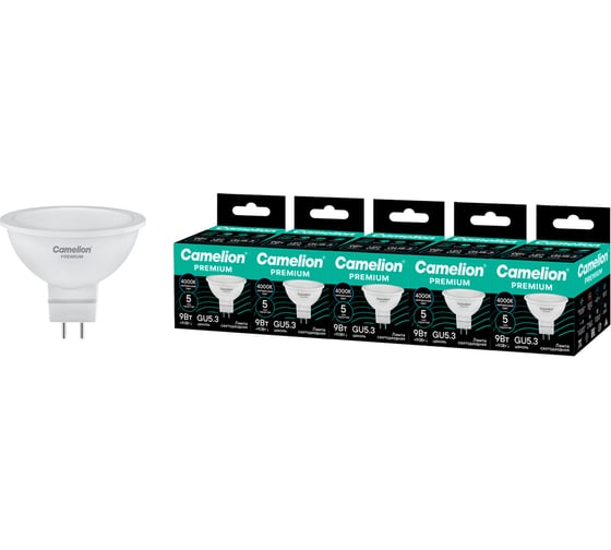 Изображение товара Светодиодная лампа Сamelion Premium LED9-MR16-840-GU5.3 5 шт. (софит 9Вт GU5.3 4000K 120-265В) Camelion 16894