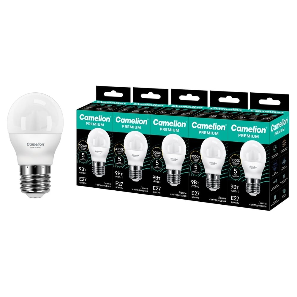 Изображение товара Светодиодная лампа Сamelion Premium LED9-G45-830-E27 5 шт. (шар 9Вт E27 3000K 120-265В) Camelion 16909