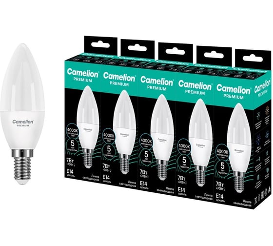 Изображение товара Светодиодная лампа Сamelion Premium LED7-C37-840-E14 5 шт. (свеча 7Вт E14 4000K 120-265В) Camelion 16904