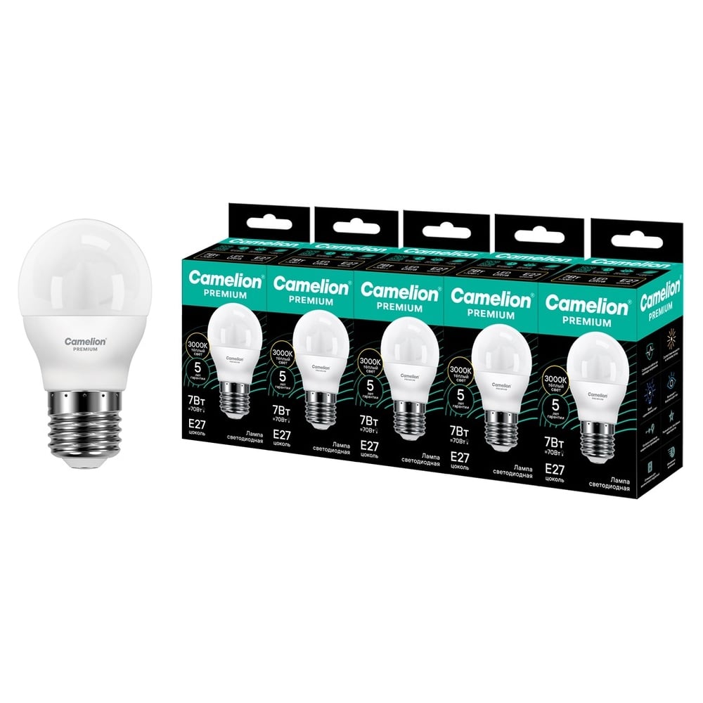 Изображение товара Светодиодная лампа Сamelion Premium LED7-G45-830-E27 5 шт. (шар 7Вт E27 3000K 120-265В) Camelion 16907