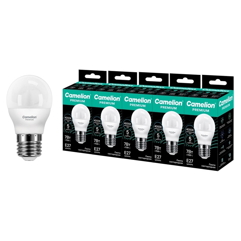 Изображение товара Светодиодная лампа Сamelion Premium LED7-G45-840-E27 5 шт. (шар 7Вт E27 4000K 120-265В) Camelion 16908