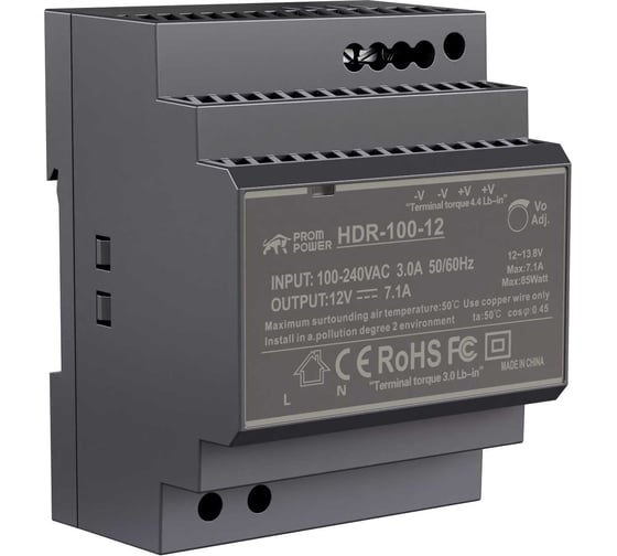 Изображение товара Источник питания Prompower HDR-100-12, H:H12 В DC, 7.1А, 85.2Вт. Вх. 85-264В AC (120-370 В DC) HDR10012