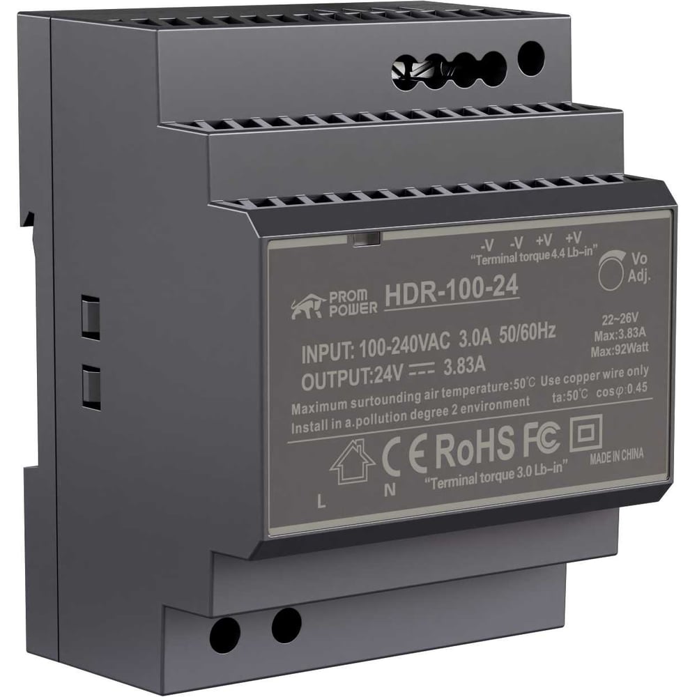 Изображение товара Источник питания Prompower HDR-100-24, на вых. 24 В DC, 3.83А, 92Вт. Вх. 85-264В AC (120-370 В DC) HDR10024 Изображение товара Источник питания Prompower HDR-100-24, на вых. 24 В DC, 3.83А, 92Вт. Вх. 85-264В AC (120-370 В DC) HDR10024