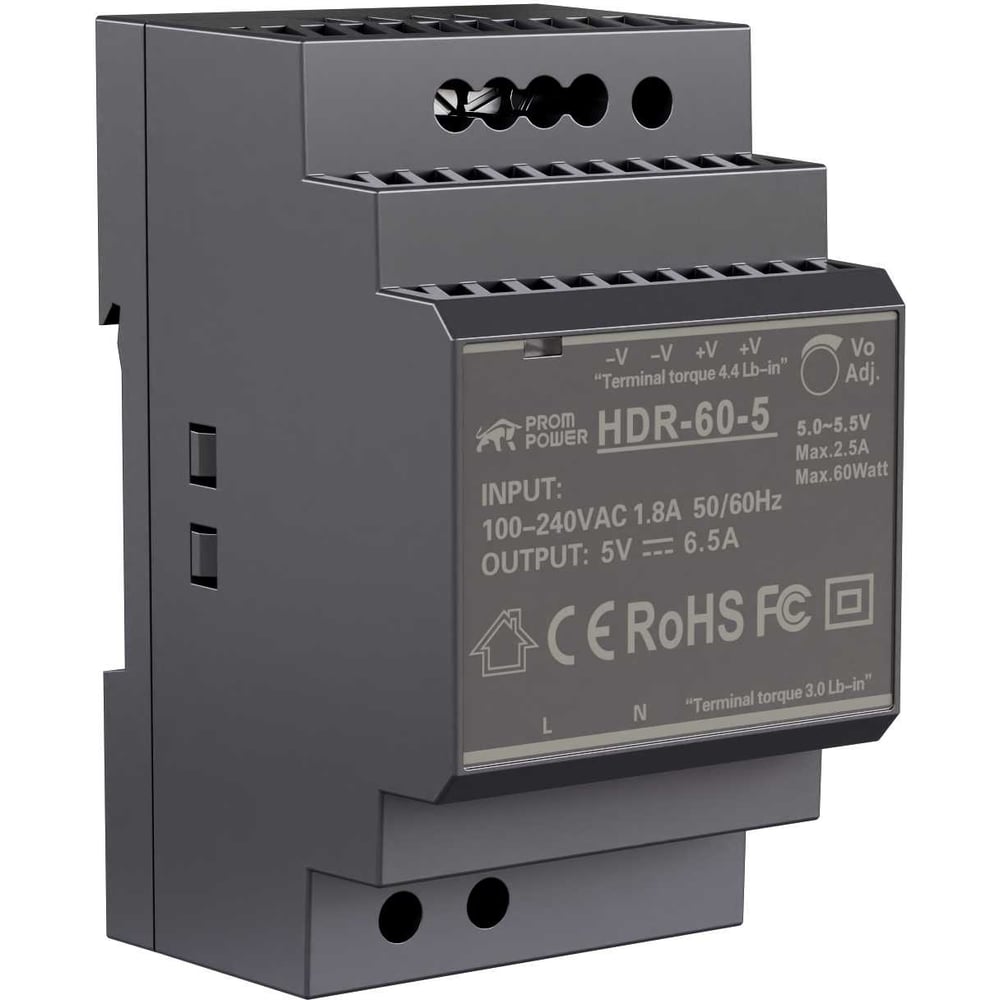Изображение товара Источник питания Prompower HDR-60-5, на вых. 5 В DC, 6.5А, 32.5Вт. Вх. 85-264В AC (120-370 В DC) HDR605