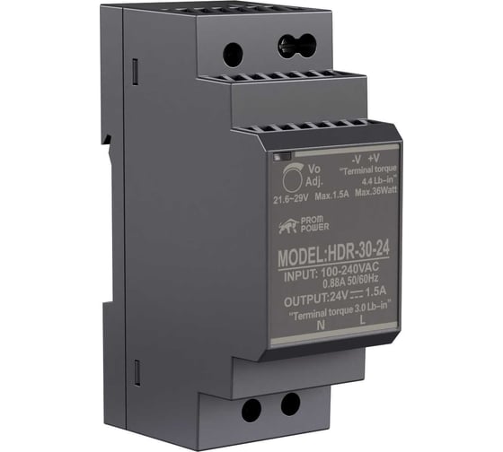 Изображение товара Источник питания Prompower HDR-30-24, на вых. 24 В DC, 1.5А, 36Вт. Вх. 85-264В AC (120-370 В DC) HDR3024