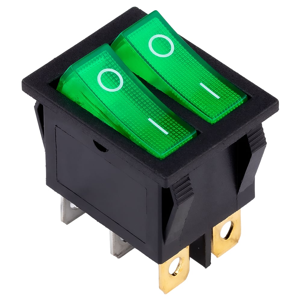 Изображение товара Выключатель клавишный SMARTBUY двойной 250V 16А (6с) ON-OFF зеленый с подсветкой SBE-16-S33g