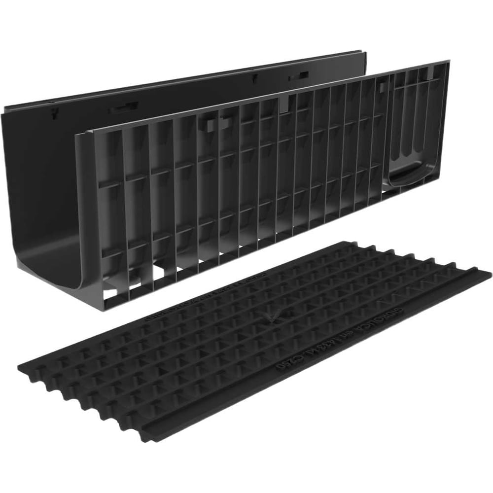 Изображение товара Лоток водоотводный пластиковый Gidrolica Pro H301 с чугунной ячеистой решеткой и крепежом кл.С250 823527