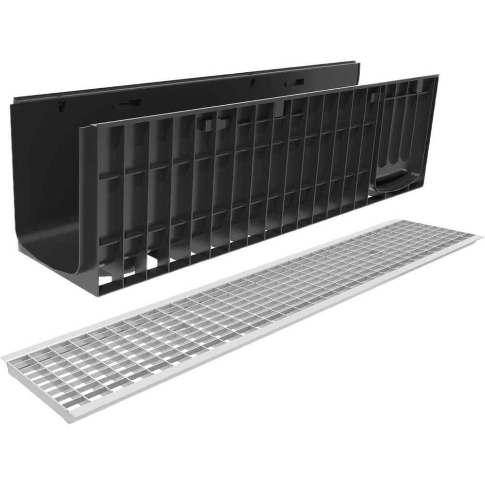 Изображение товара Лоток водоотводный пластиковый Gidrolica Pro H301 с решеткой ячеистой стальной оцинкованной и крепежом кл.В125 823522