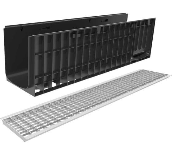 Изображение товара Лоток водоотводный пластиковый Gidrolica Pro DN200 H301 с решеткой ячеистой стальной оцинкованной и крепежом кл.В125 823522