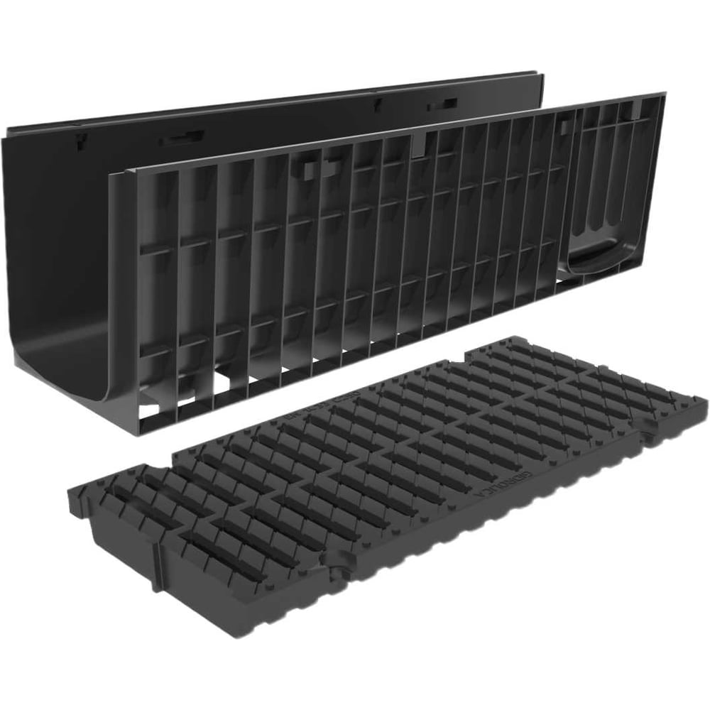 Изображение товара Лоток водоотводный пластиковый Gidrolica Pro H301 с пластиковой щелевой решеткой и крепежом кл.С250 823525