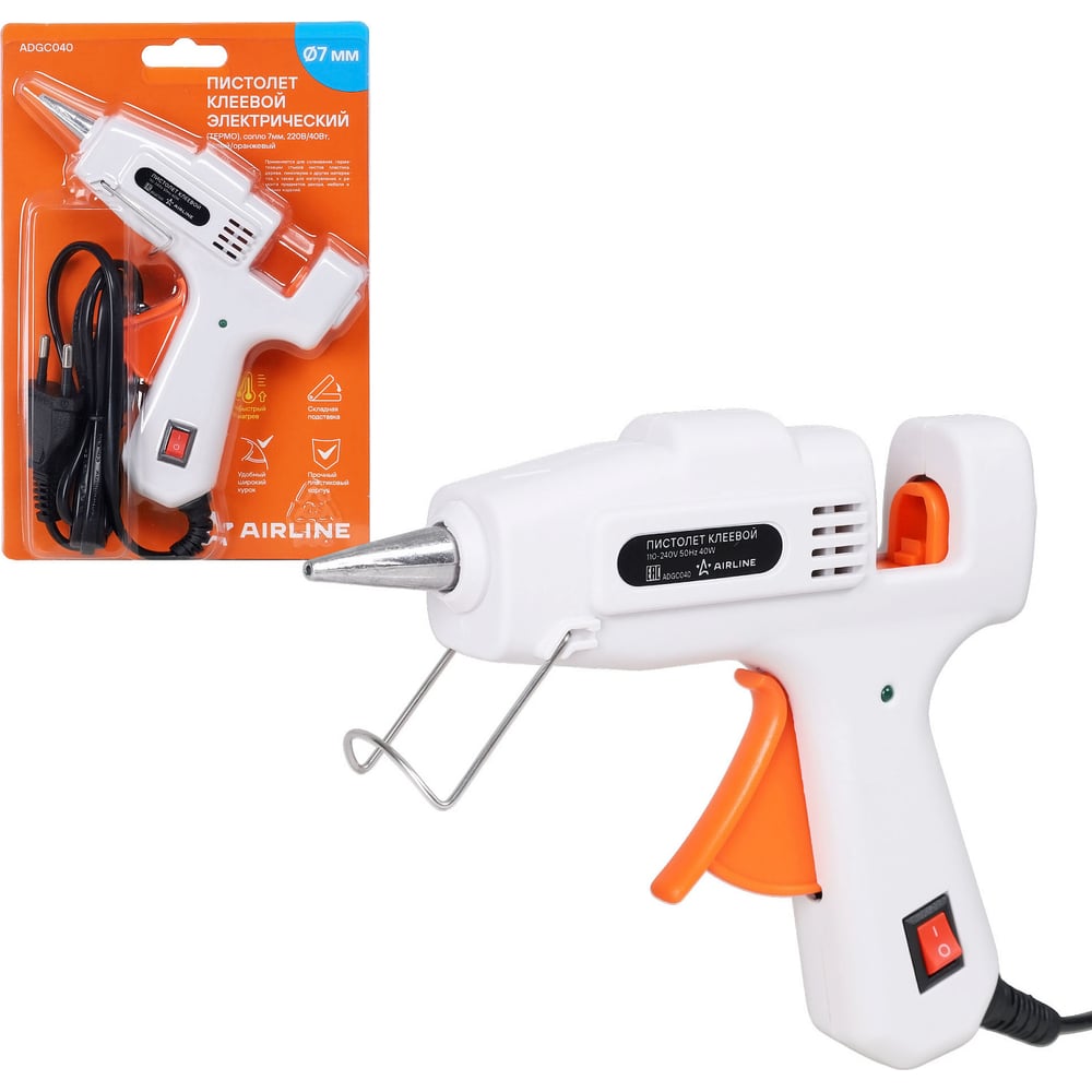 Изображение товара AIRLINE Пистолет (термо) клеевой электрический, сопло 7мм, 220В/40Вт, белый/оранж. ADGC040