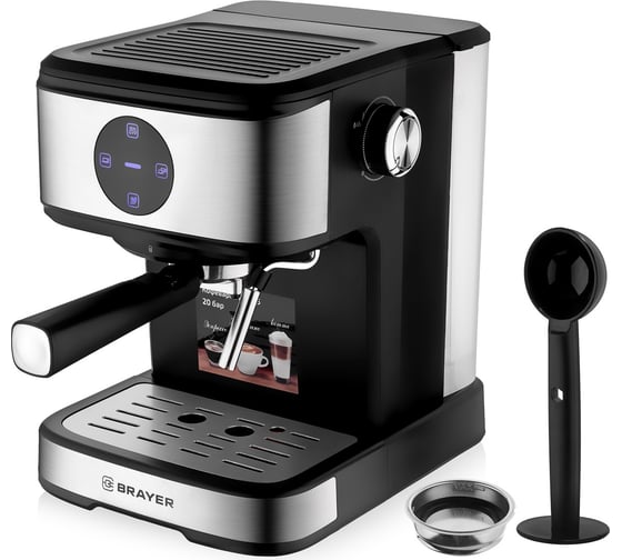Изображение товара Кофеварка BRAYER 850 Вт, 1.5 л, 20 бар, капучино, латте, сенсорное управление BR1105