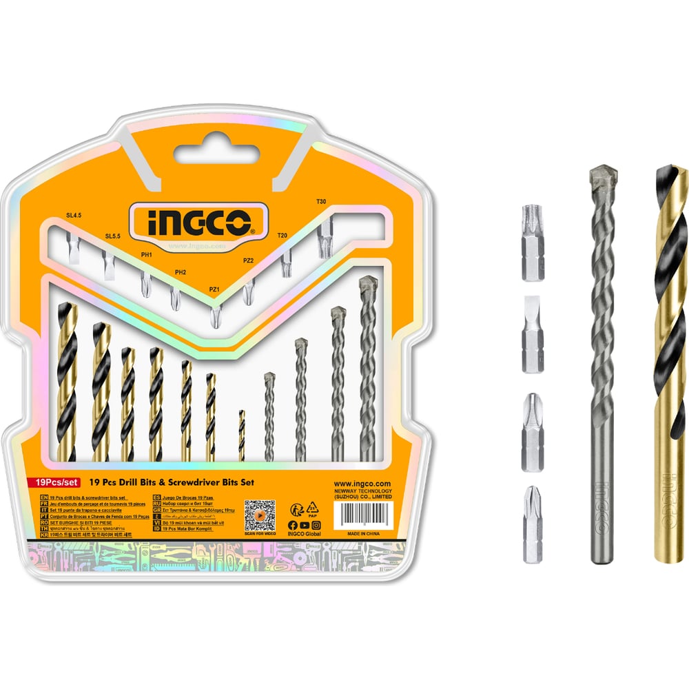 Изображение товара Набор INGCO AKSDB1901: 19 бит и 11 сверл, SL/PH/PZ/T органичный набор