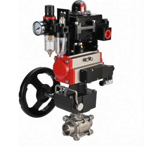 Изображение товара Кран шаровой DN.ru КШПП 316.200-ISO Ду32 Ру63 под приварку, пневмопривод DA-065, пневмораспределитеь PND2-S1EM-52-1NC-J08-24VDC, БКВ LSB-410-02ExM12-250, ручной дублер HDM-1, БПВ AP D160-78332