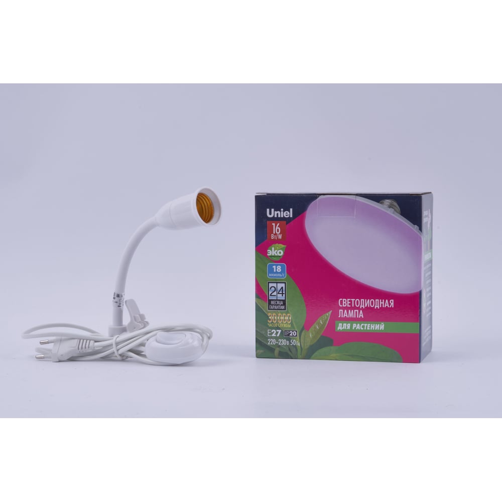Изображение товара Набор: Лампа светодиодная + Подставка на присоске Uniel Спектр для рассады и цветения ULT-P205-16W/SPSB/282 WHITE UL-00013598