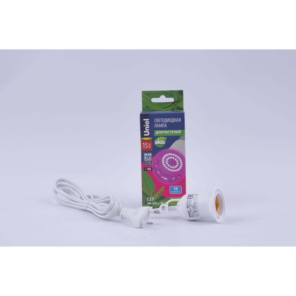 Изображение товара Набор: Лампа светодиодная + Патрон подвесной Uniel с выключателем и штепсельной вилкойСпектр для рассады и цветения. ULT-P201-15W/SPSB/2M WHITE UL-00013593