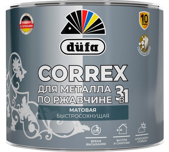 Изображение товара Грунт-эмаль 3в1 Dufa CORREX для металла, по ржавчине, RAL-9010, белая матовая, 2л МП00-014770